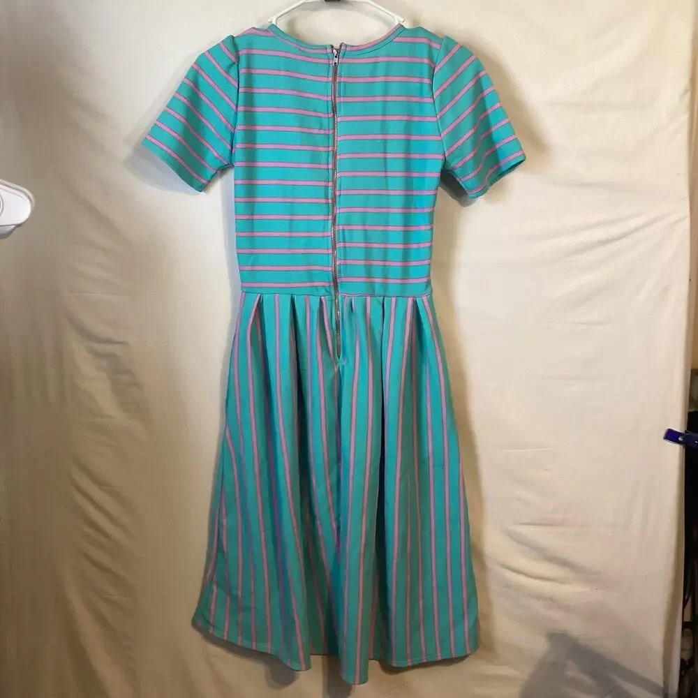 1134 LuLaRoe Amelia Short Sleeve Dress With Aqua & Pink Stripes Size Extra Small